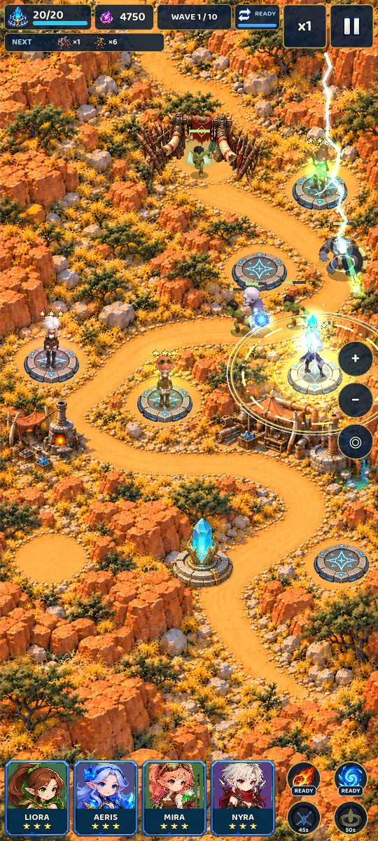A battle in the red canyon: lightning leaping between enemies and a ring of light around a Hero